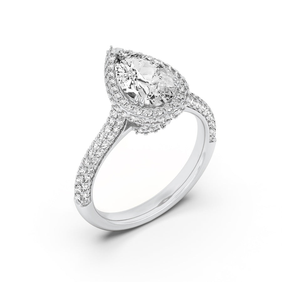 3Cttw Pear Shaped Lab Grown Diamond (F/VS) Halo Accented Engagement Ring in 14K Gold