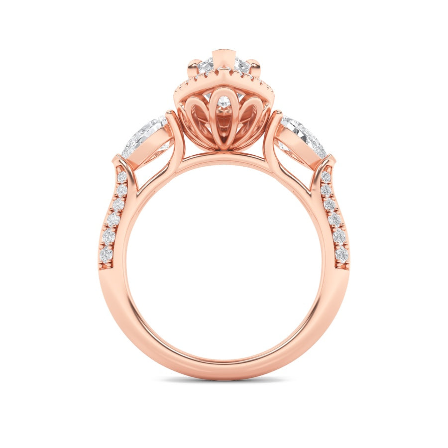 3Cttw Marquise Shaped Lab Grown Diamond (F/VS) Three Stone Halo Enagement Ring in 14K Gold