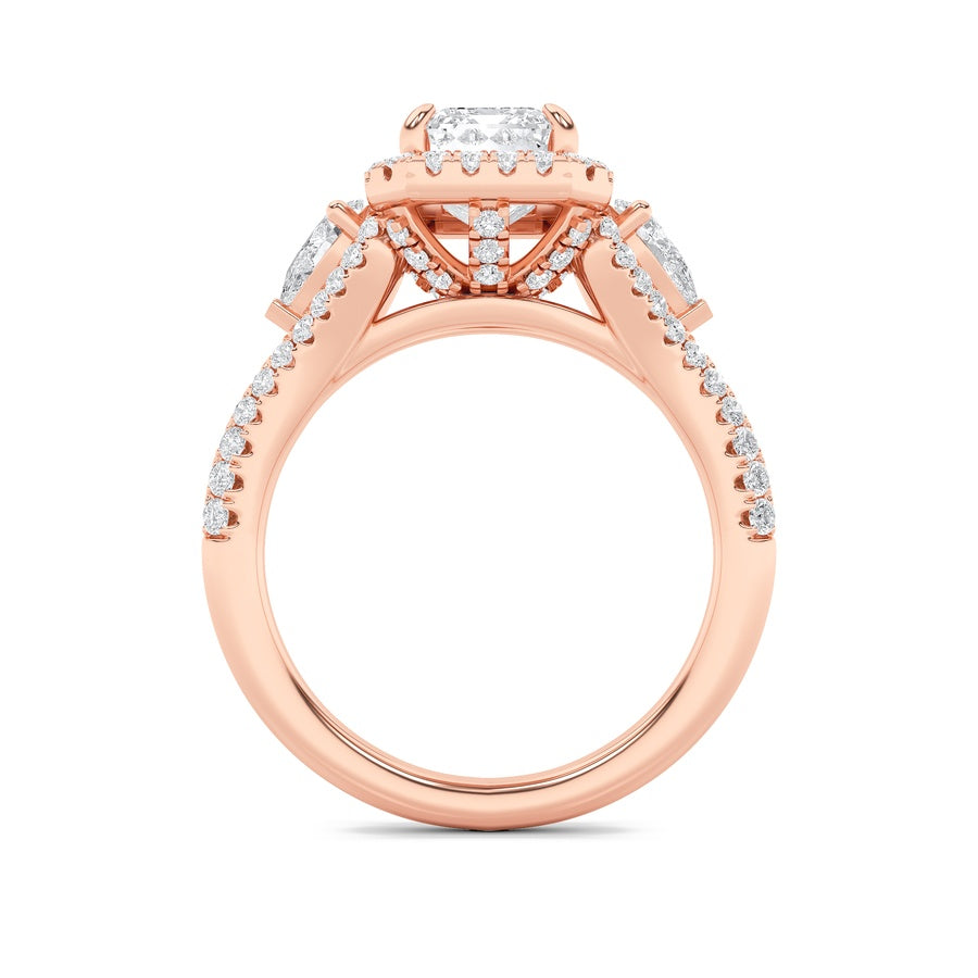 3Cttw Emerald Shaped Lab Grown Diamond (F/VS) Three Stone Bold Accented Engagement Ring in 14K Gold
