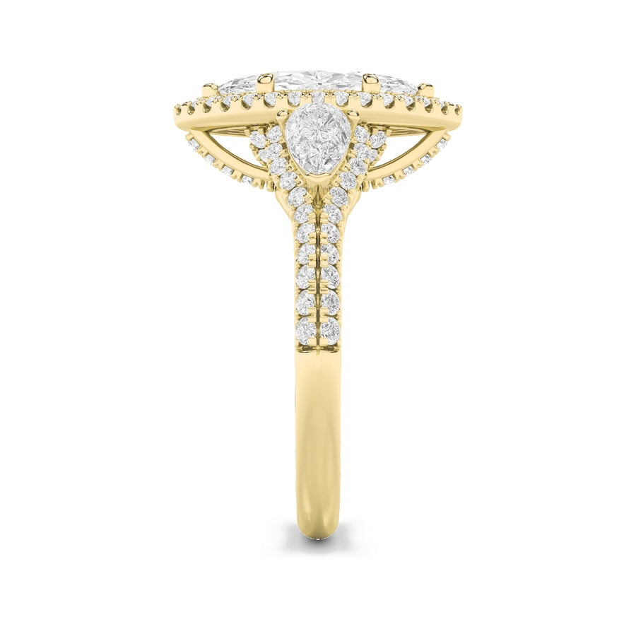 3Cttw Marquise Shaped Lab Grown Diamond (F/VS) Three Stone Bold Accented Engagement Ring in 14K Gold