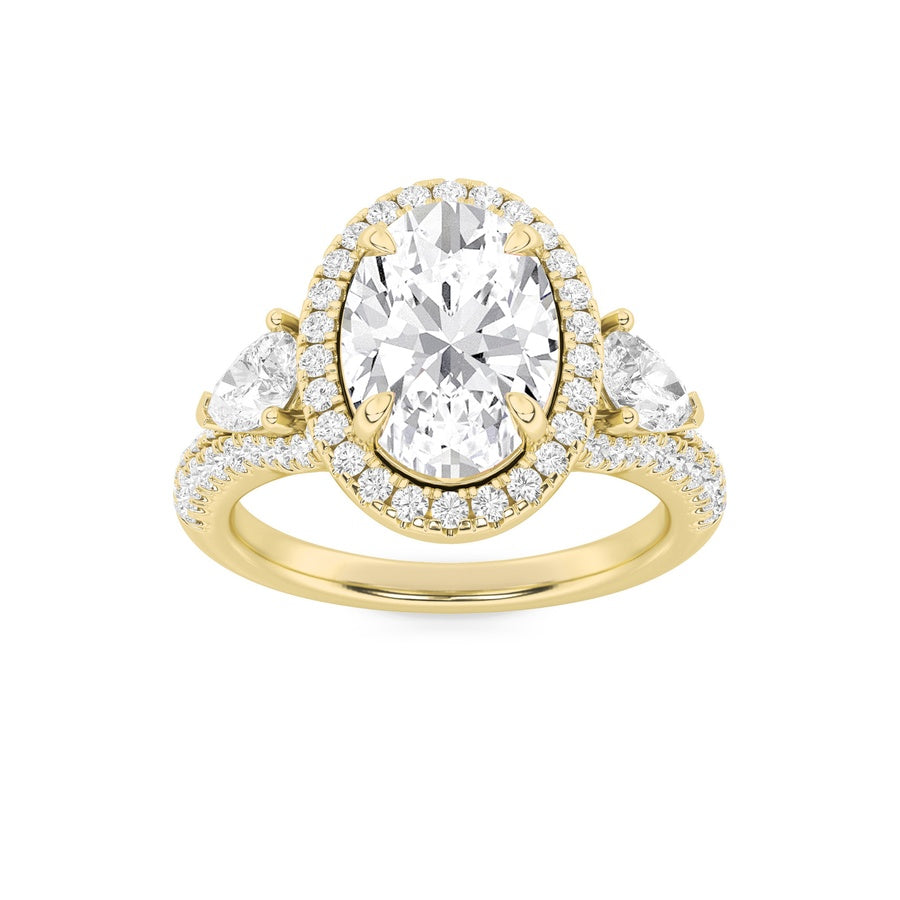 3Cttw Oval Shaped Lab Grown Diamond (F/VS) Three Stone Bold Accented Engagement Ring in 14K Gold