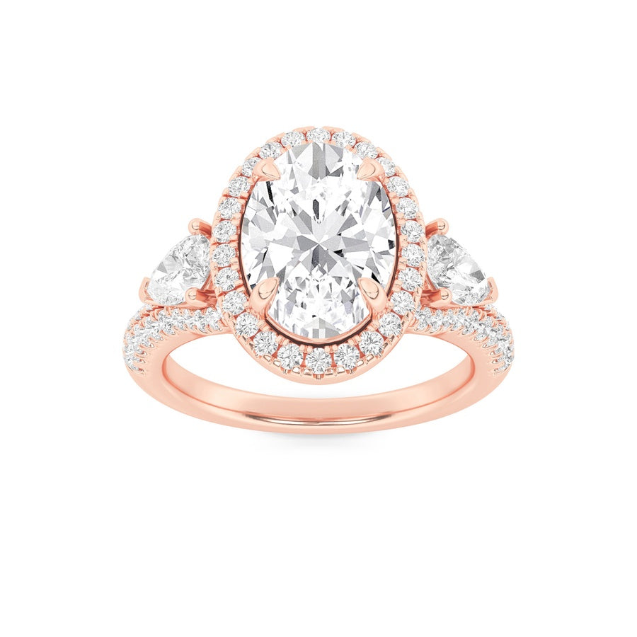 3Cttw Oval Shaped Lab Grown Diamond (F/VS) Three Stone Bold Accented Engagement Ring in 14K Gold