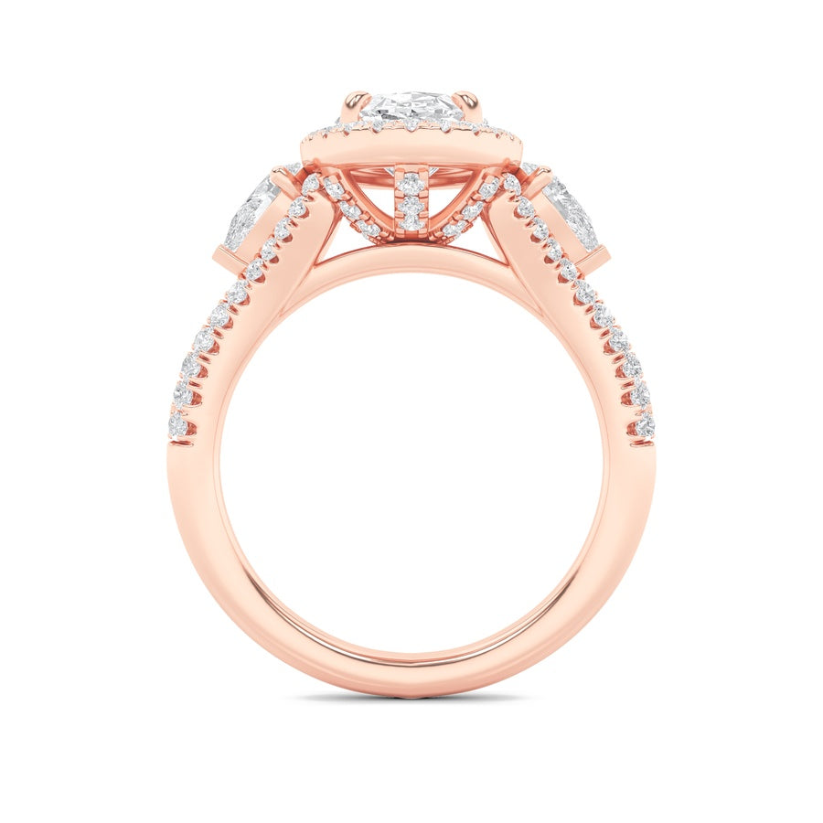 3Cttw Oval Shaped Lab Grown Diamond (F/VS) Three Stone Bold Accented Engagement Ring in 14K Gold