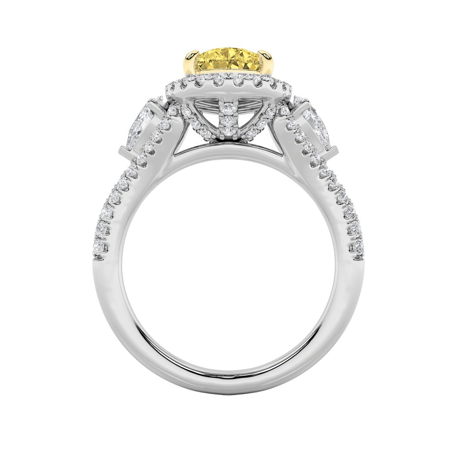 3Cttw Pear Shaped Lab Grown Diamond (F/VS) Three Stone Bold Accented Engagement Ring in 14K Gold