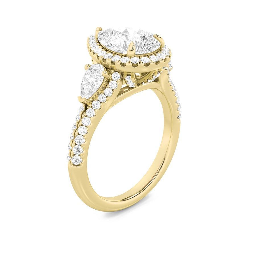 3Cttw Pear Shaped Lab Grown Diamond (F/VS) Three Stone Bold Accented Engagement Ring in 14K Gold
