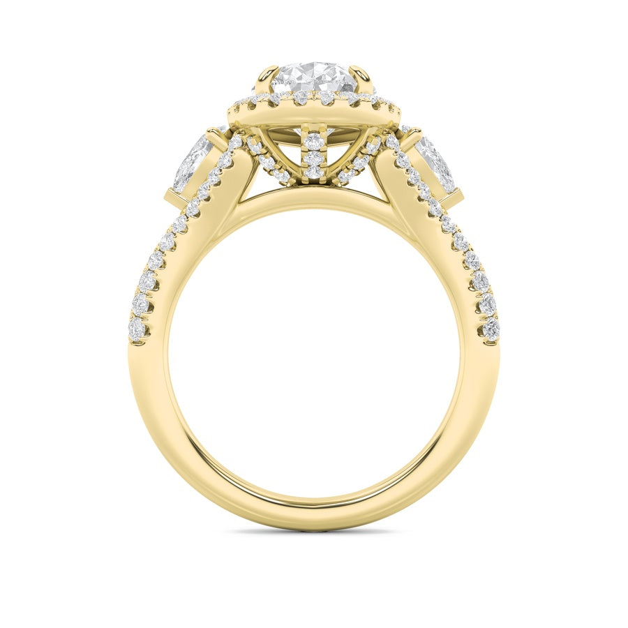 3Cttw Pear Shaped Lab Grown Diamond (F/VS) Three Stone Bold Accented Engagement Ring in 14K Gold