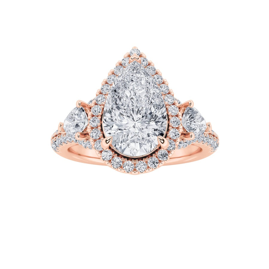 3Cttw Pear Shaped Lab Grown Diamond (F/VS) Three Stone Bold Accented Engagement Ring in 14K Gold