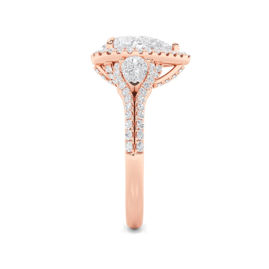 3Cttw Pear Shaped Lab Grown Diamond (F/VS) Three Stone Bold Accented Engagement Ring in 14K Gold