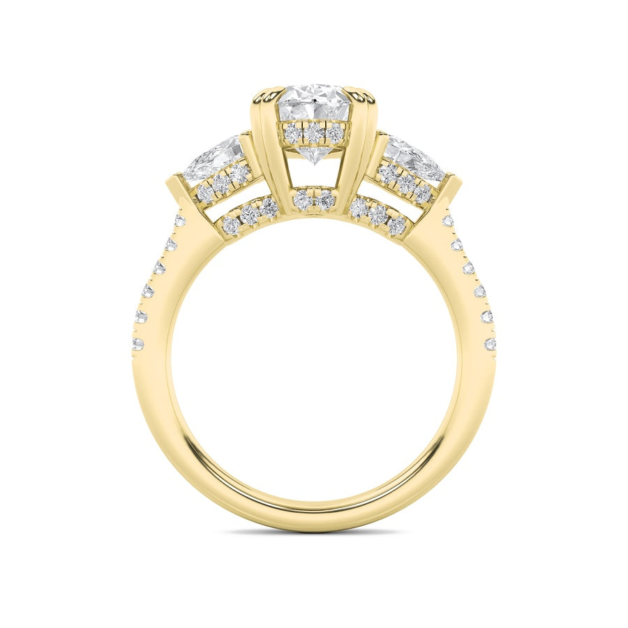 3Cttw Oval Shaped Lab Grown Diamond (F/VS) Three Stone Accented Engagement Ring in 14K Gold