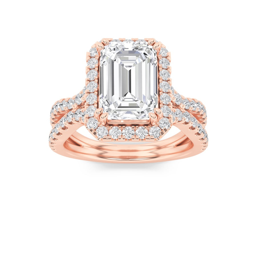4Cttw Emerald Shaped Lab Grown Diamond (F/VS) Split Shank Halo Engagement Ring in 14K Gold