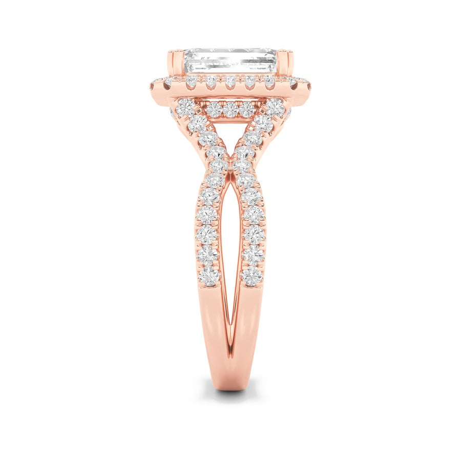 4Cttw Emerald Shaped Lab Grown Diamond (F/VS) Split Shank Halo Engagement Ring in 14K Gold