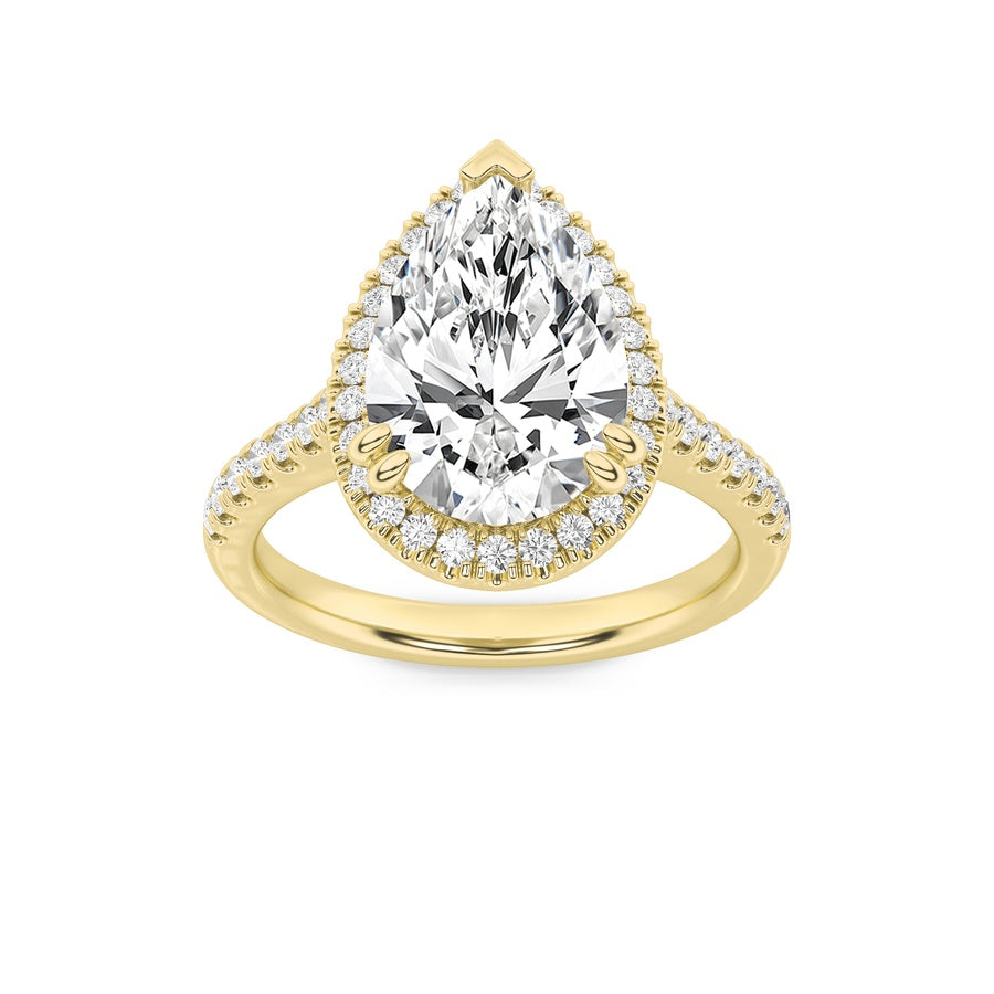 3Cttw Pear Shaped Lab Grown Diamond (F/VS) ClassicHalo Accented Engagement Ring in 14K Gold