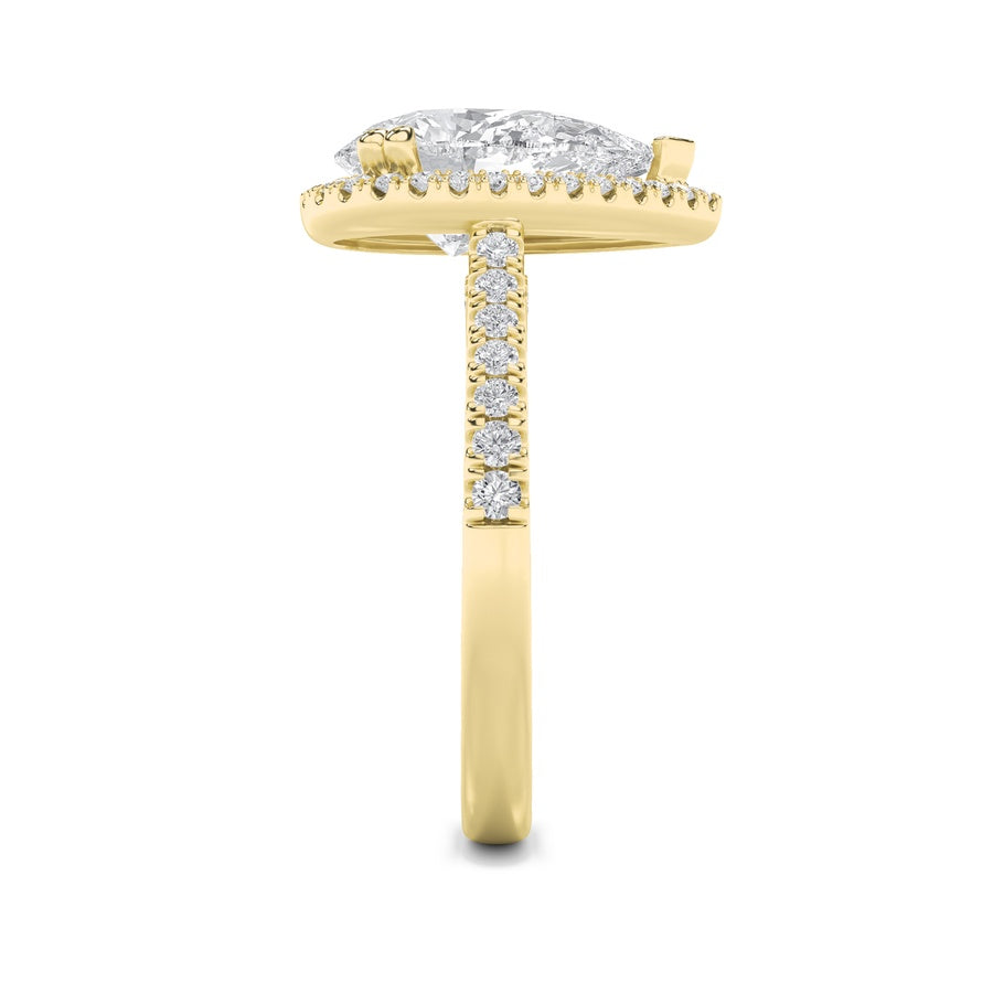 3Cttw Pear Shaped Lab Grown Diamond (F/VS) ClassicHalo Accented Engagement Ring in 14K Gold