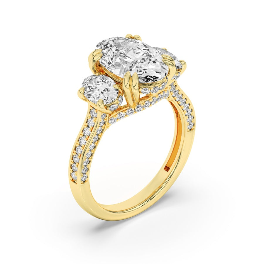 5Cttw Oval Shaped Lab Grown Diamond (F/VS) Three Stone Accented Engagement Ring in 14K Gold