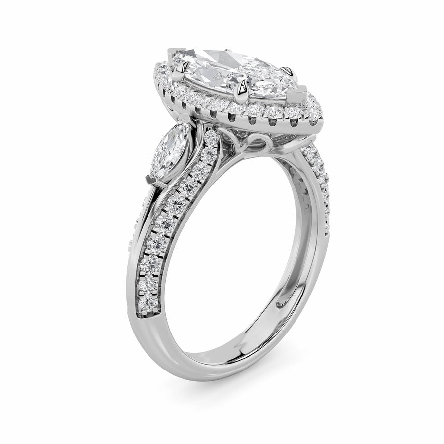 3Cttw Marquise Shaped Lab Grown Diamond (F/VS) Three Stone Halo Enagement Ring in 14K Gold