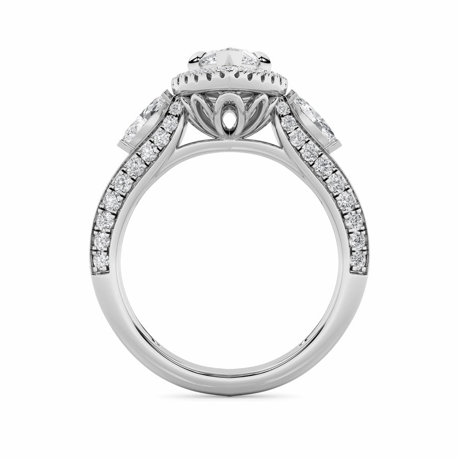 3Cttw Marquise Shaped Lab Grown Diamond (F/VS) Three Stone Halo Enagement Ring in 14K Gold