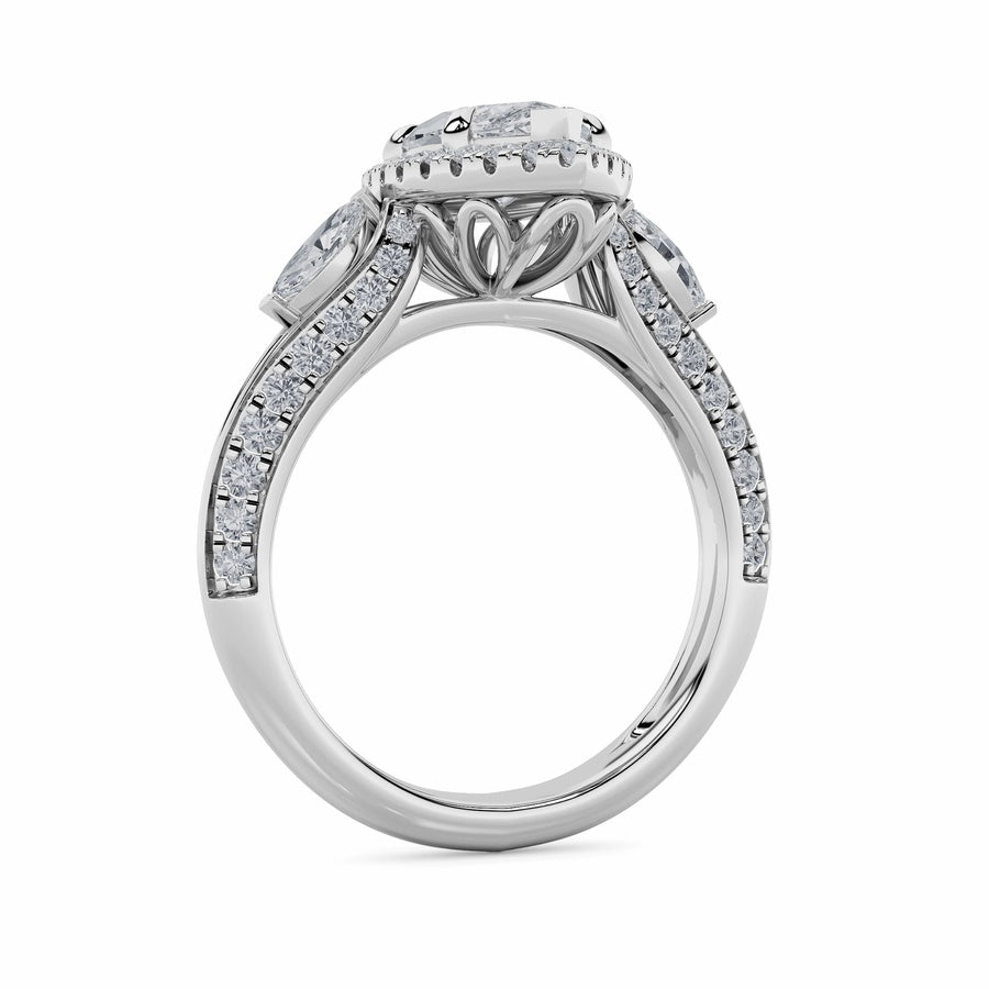 3Cttw Marquise Shaped Lab Grown Diamond (F/VS) Three Stone Halo Enagement Ring in 14K Gold