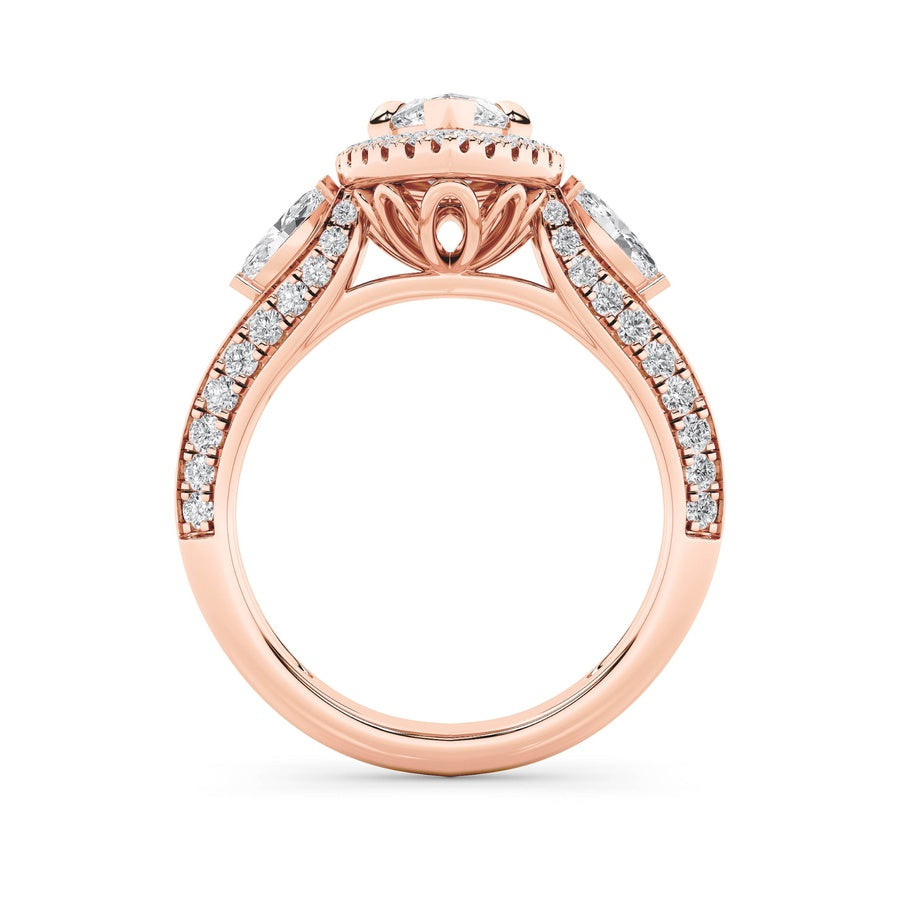 3Cttw Marquise Shaped Lab Grown Diamond (F/VS) Three Stone Halo Enagement Ring in 14K Gold