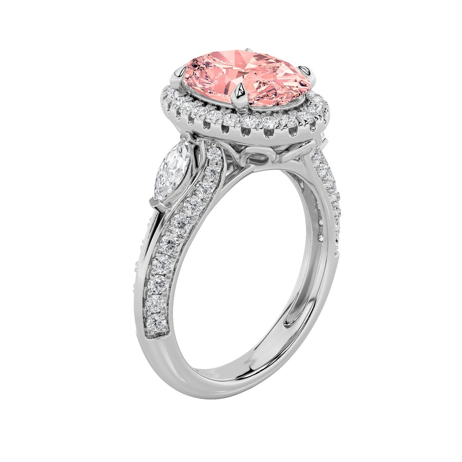 3Cttw Oval Shaped Lab Grown Diamond (F/VS) Three Stone Halo Enagement Ring in 14K Gold