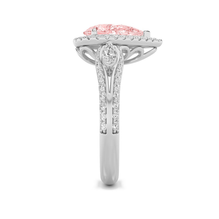 3Cttw Pear Shaped Lab Grown Diamond (F/VS) Three Stone Halo Enagement Ring in 14K Gold