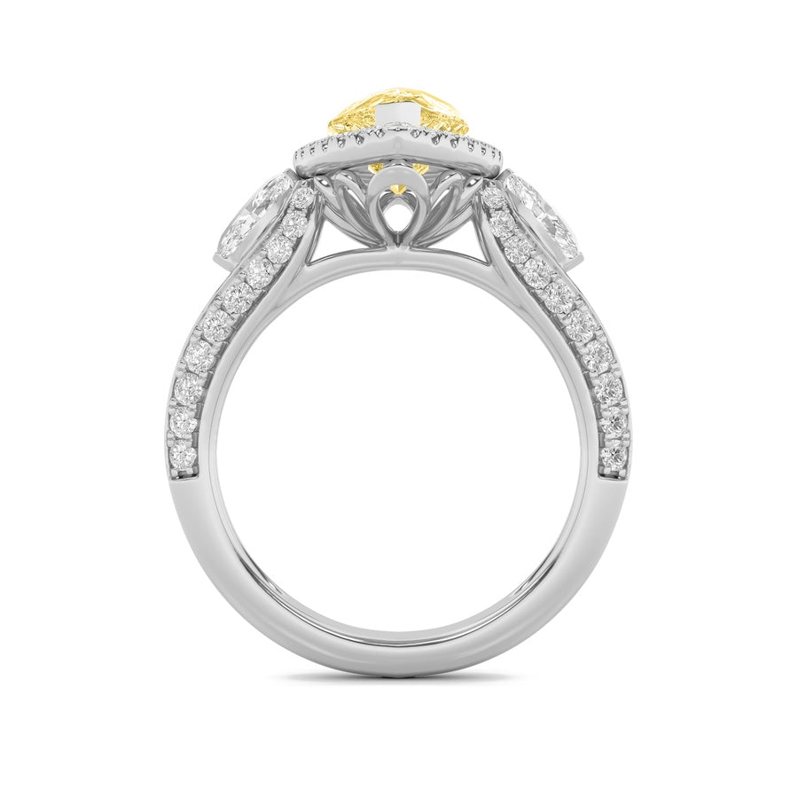 3Cttw Pear Shaped Lab Grown Diamond (F/VS) Three Stone Halo Enagement Ring in 14K Gold
