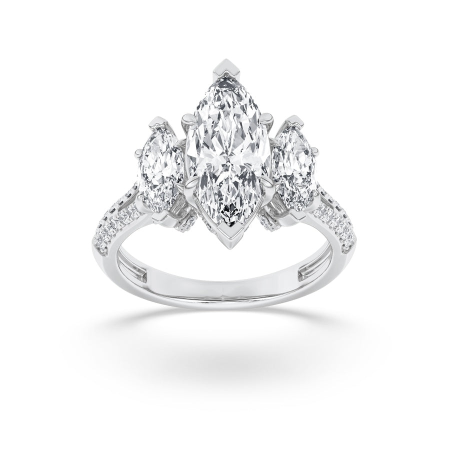 4Cttw Marquise Shaped Lab Grown Diamond (G/VS) Three Stone Accented Engagement Ring in 14K Gold