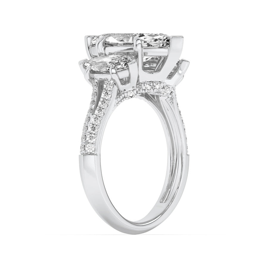 4Cttw Marquise Shaped Lab Grown Diamond (G/VS) Three Stone Accented Engagement Ring in 14K Gold