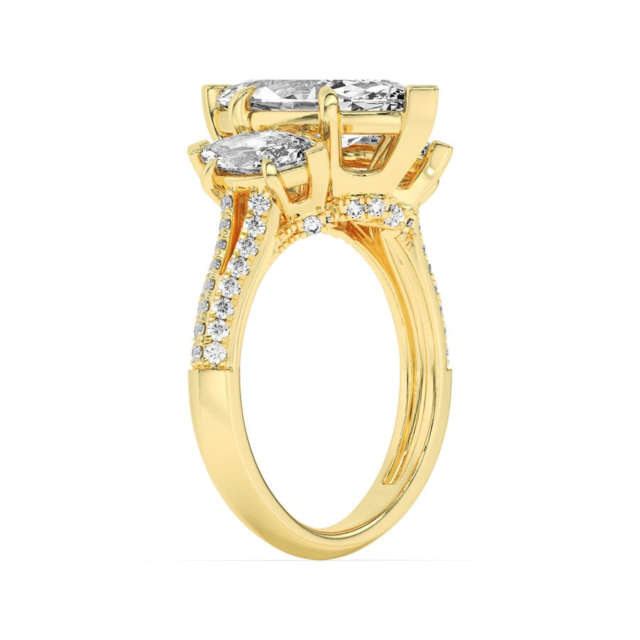 4Cttw Marquise Shaped Lab Grown Diamond (G/VS) Three Stone Accented Engagement Ring in 14K Gold