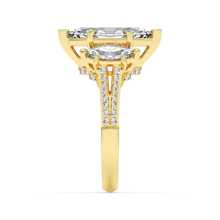 4Cttw Marquise Shaped Lab Grown Diamond (G/VS) Three Stone Accented Engagement Ring in 14K Gold