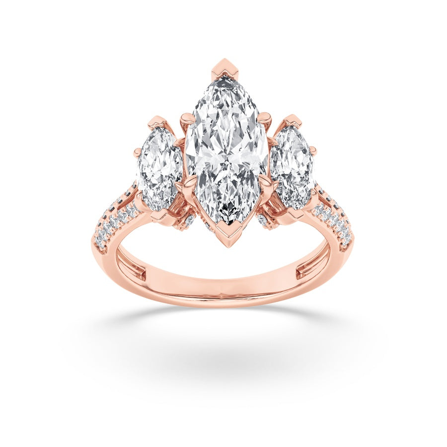 4Cttw Marquise Shaped Lab Grown Diamond (G/VS) Three Stone Accented Engagement Ring in 14K Gold
