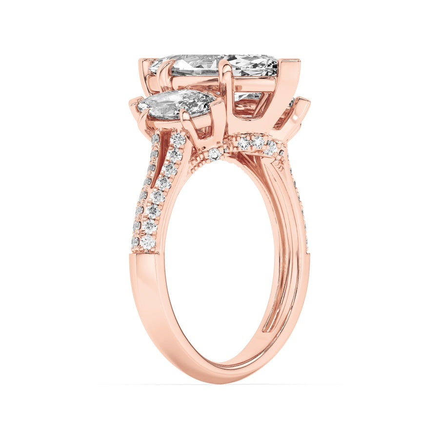 4Cttw Marquise Shaped Lab Grown Diamond (G/VS) Three Stone Accented Engagement Ring in 14K Gold