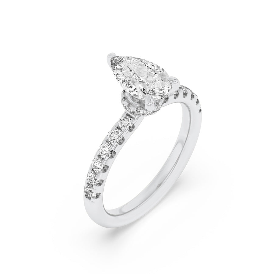 2Cttw Pear Shaped Lab Grown Diamond (F/VS) HiddenHalo Accented Ring in 14K Gold