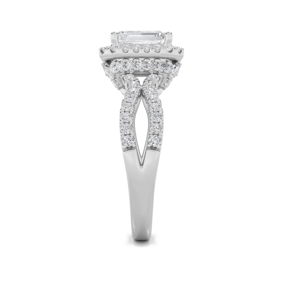 2Cttw Emerald Shaped Lab Grown Diamond (G/VS) Split Shank Halo Accented Engagement Ring in 14K Gold
