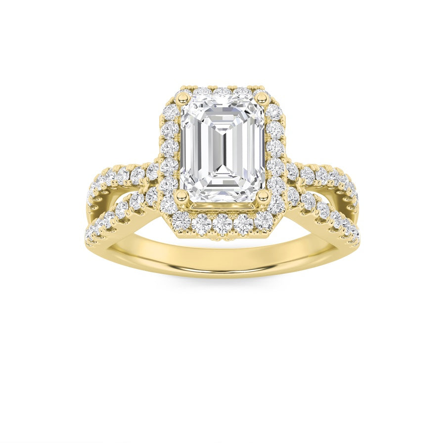 2Cttw Emerald Shaped Lab Grown Diamond (G/VS) Split Shank Halo Accented Engagement Ring in 14K Gold