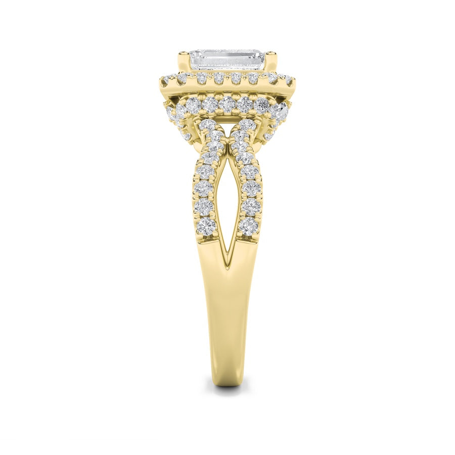 2Cttw Emerald Shaped Lab Grown Diamond (G/VS) Split Shank Halo Accented Engagement Ring in 14K Gold