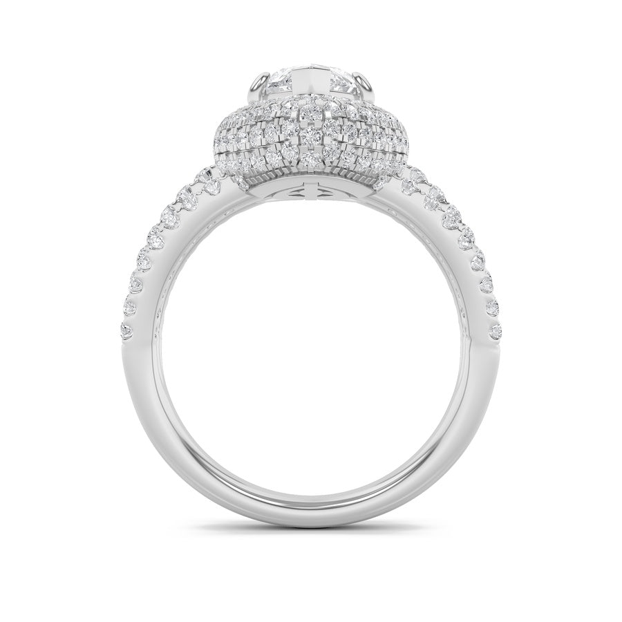 3Cttw Marquise Shaped Lab Grown Diamond (F/VS) Three Row Accented Halo Engagement Ring in 14K Gold