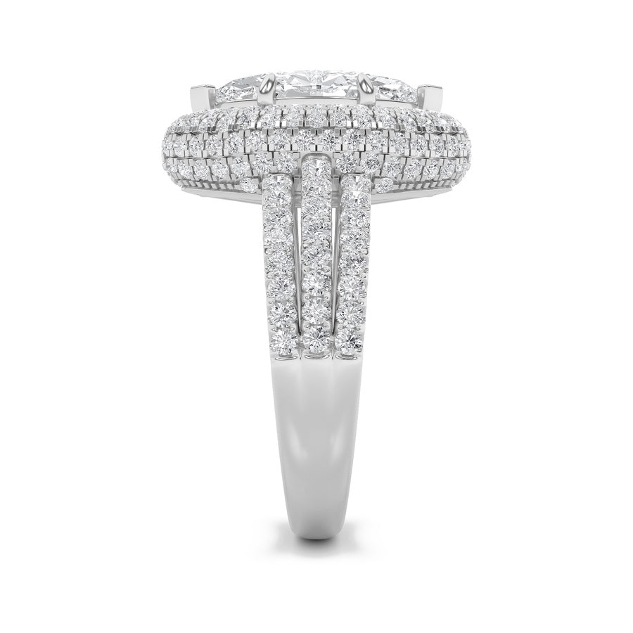 3Cttw Marquise Shaped Lab Grown Diamond (F/VS) Three Row Accented Halo Engagement Ring in 14K Gold