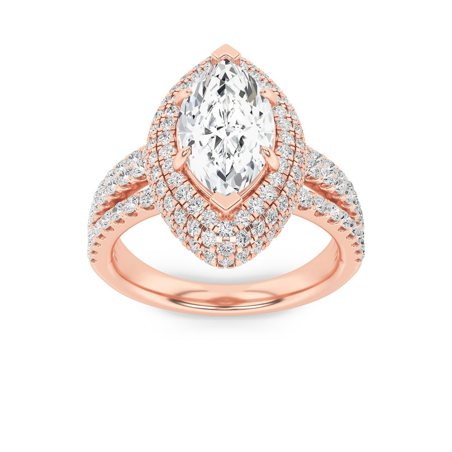 3Cttw Marquise Shaped Lab Grown Diamond (F/VS) Three Row Accented Halo Engagement Ring in 14K Gold