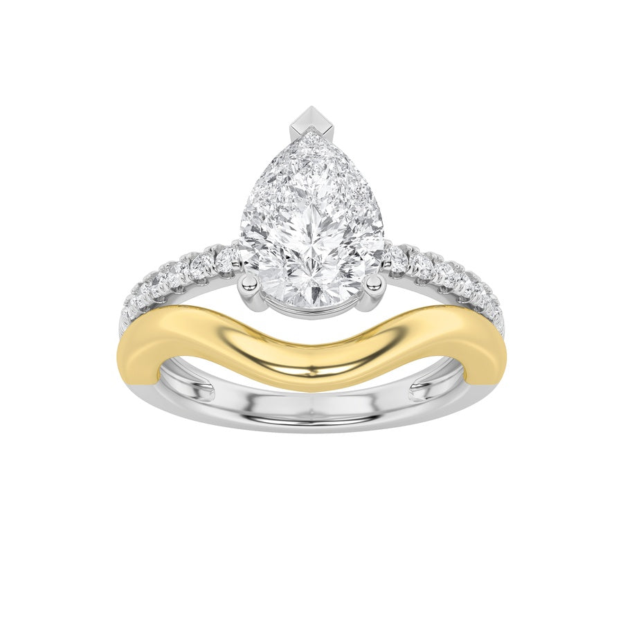 2Cttw Pear Shaped Lab Grown Diamond (F/VS) Two Tone Wave Inspired Engagement Ring in 14K Gold