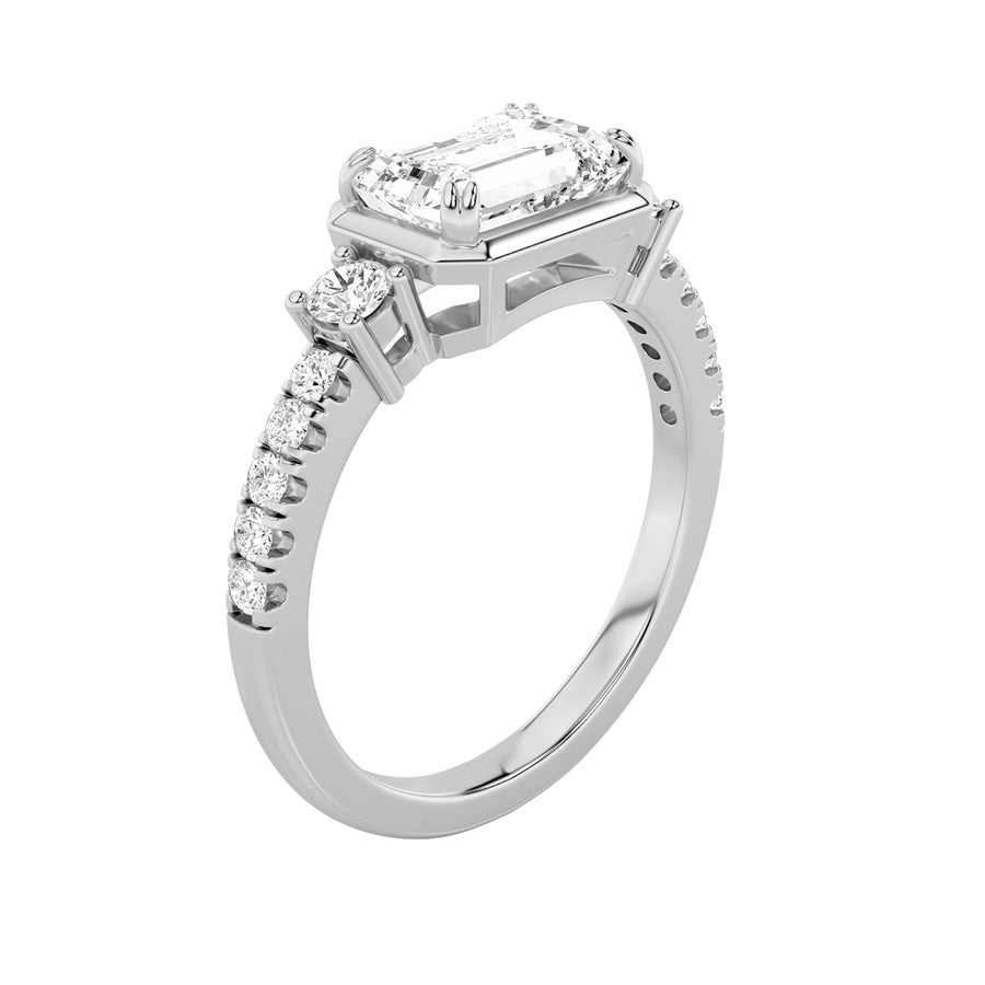 2Cttw Emerald Shaped Lab Grown Diamond (F/VS) EastWest Accented Three Stone Ring in 14K Gold
