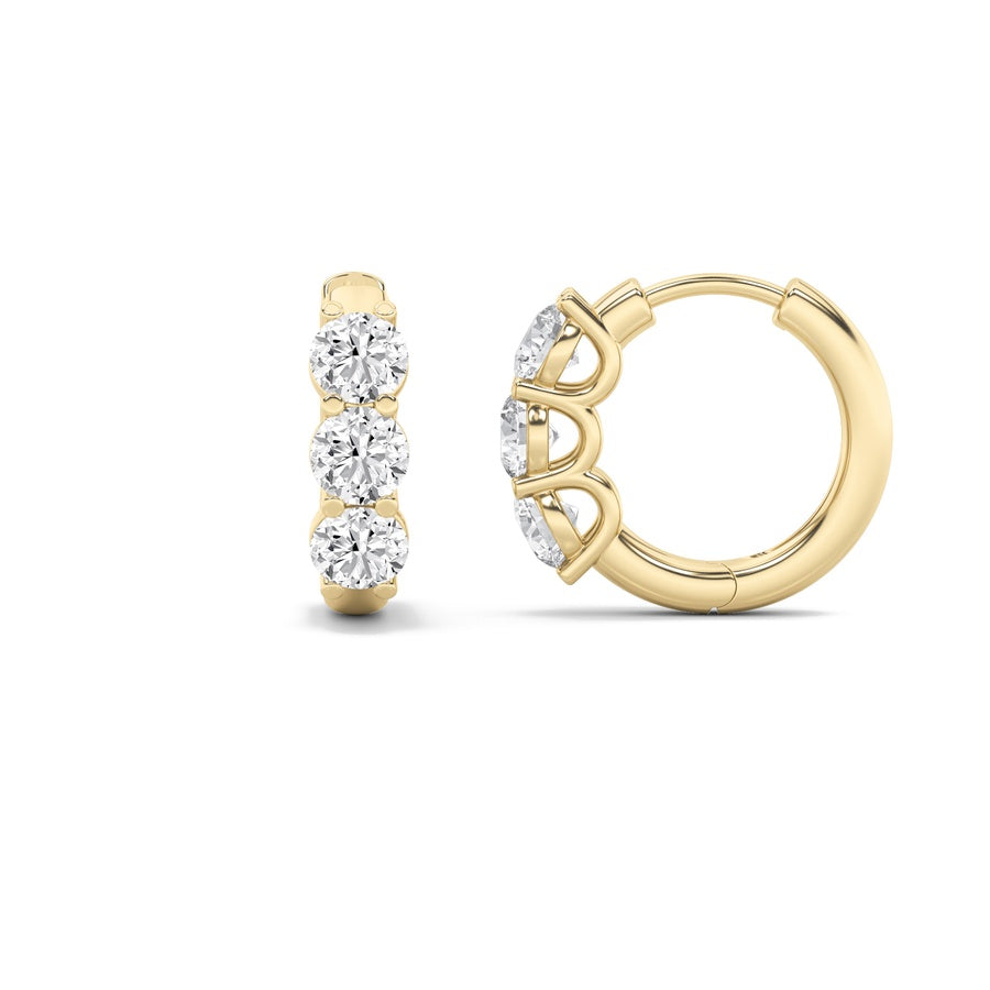 2Cttw Round Shaped Lab Grown Diamond (G/VS) ThreeStone Huggie Earrings in 10K Gold