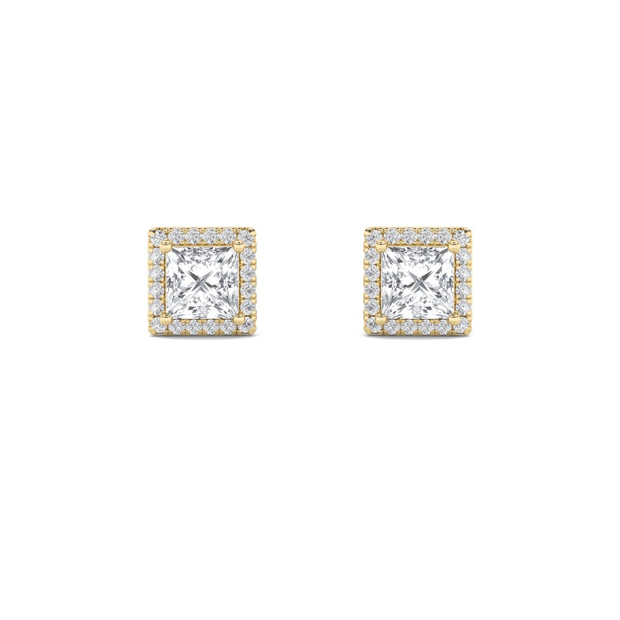 2Cttw Princess Shaped Lab Grown Diamond (F/VS) Halo Stud Earrings in 14K Gold