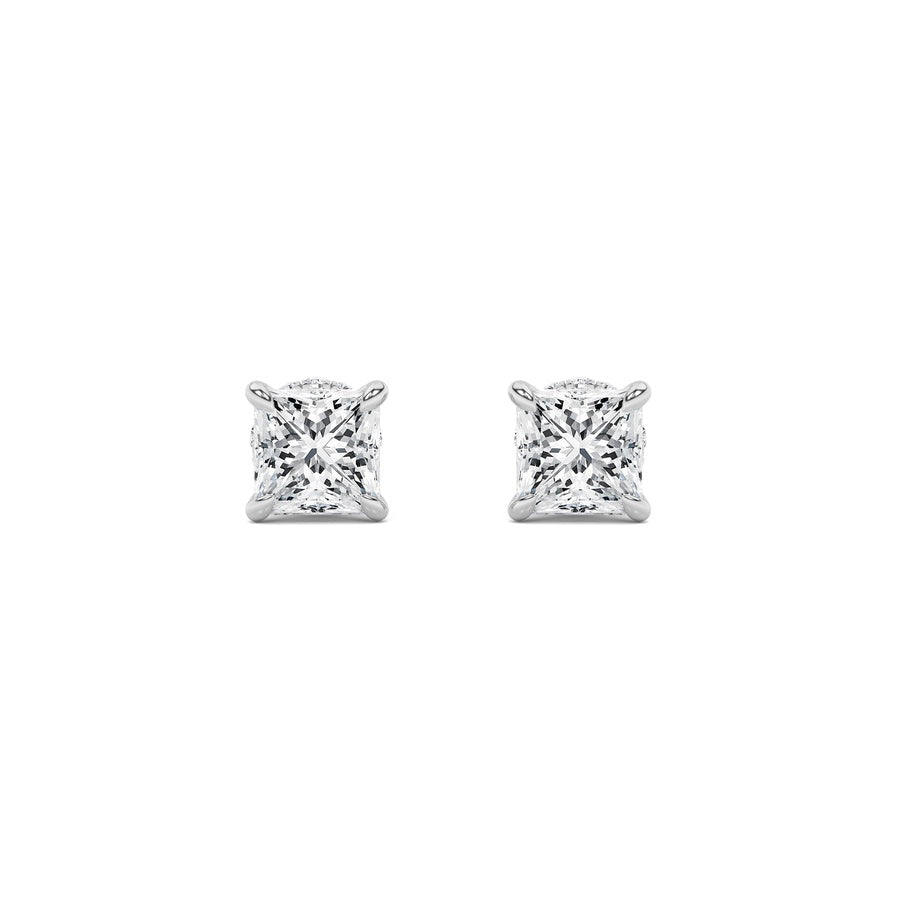 2Cttw Princess Shaped Lab Grown Diamond (F/VS) Hidden Halo Stud Earrings in 14K Gold