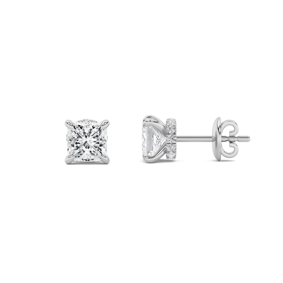 Princess Shape Hidden Halo Stud Earrings lab grown diamond