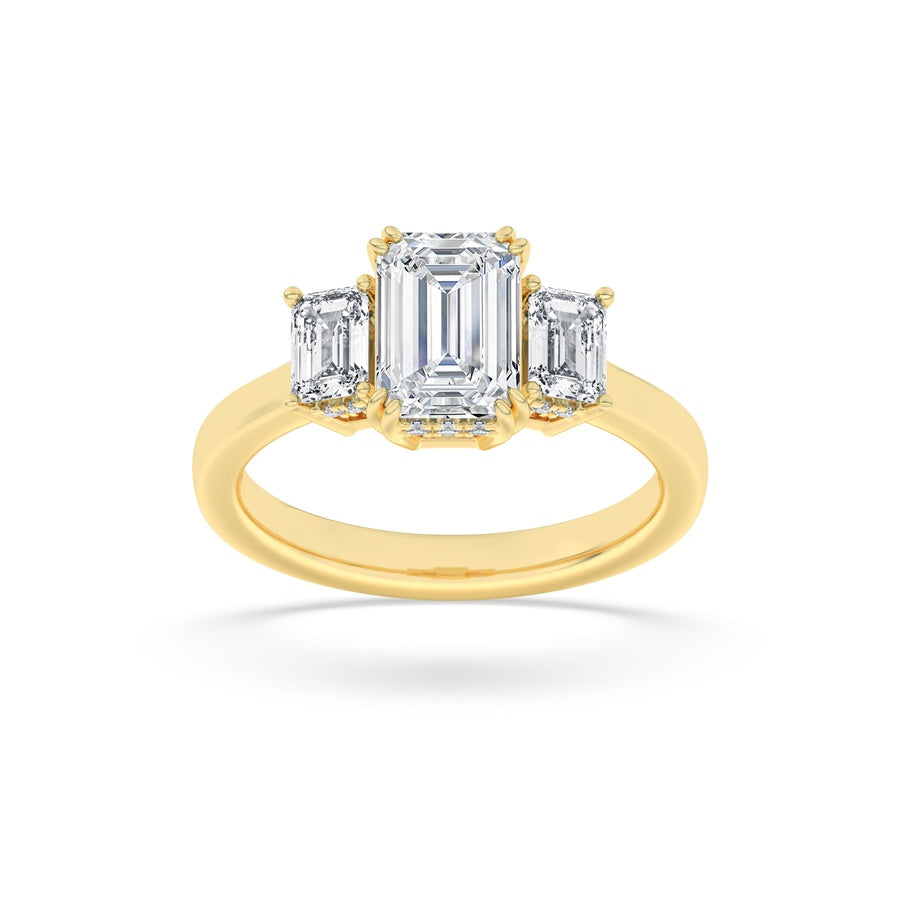 3Cttw Emerald Shaped Lab Grown Diamond (F/VS) Three Stone Accented Ring in 14K Gold