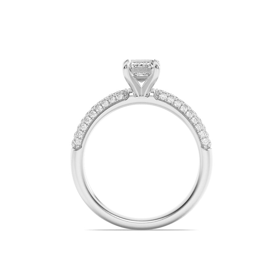 1.5Cttw Emerald Shaped Lab Grown Diamond (F/VS) Three Row Micro Pave Engagement Ring in 14K Gold