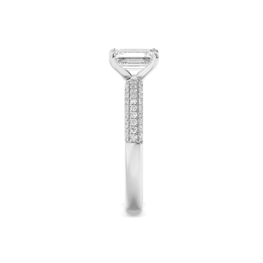 1.5Cttw Emerald Shaped Lab Grown Diamond (F/VS) Three Row Micro Pave Engagement Ring in 14K Gold