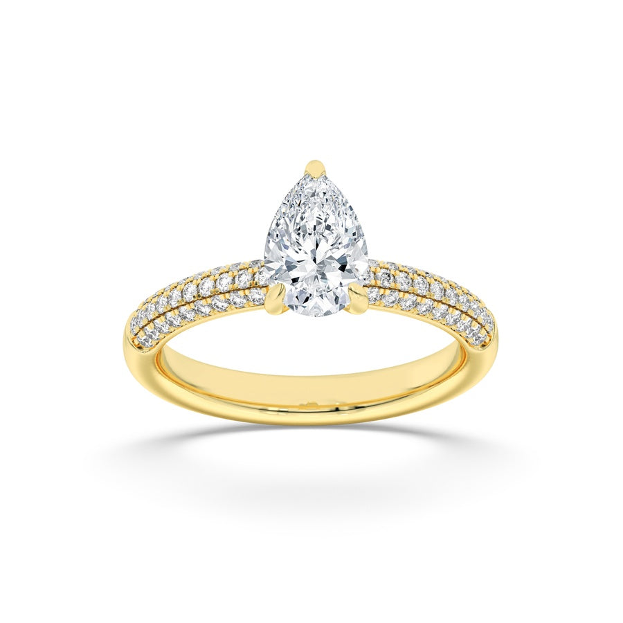 1.5Cttw Pear Shaped Lab Grown Diamond (F/VS) ThreeRow Micro Pave Engagement Ring in 14K Gold