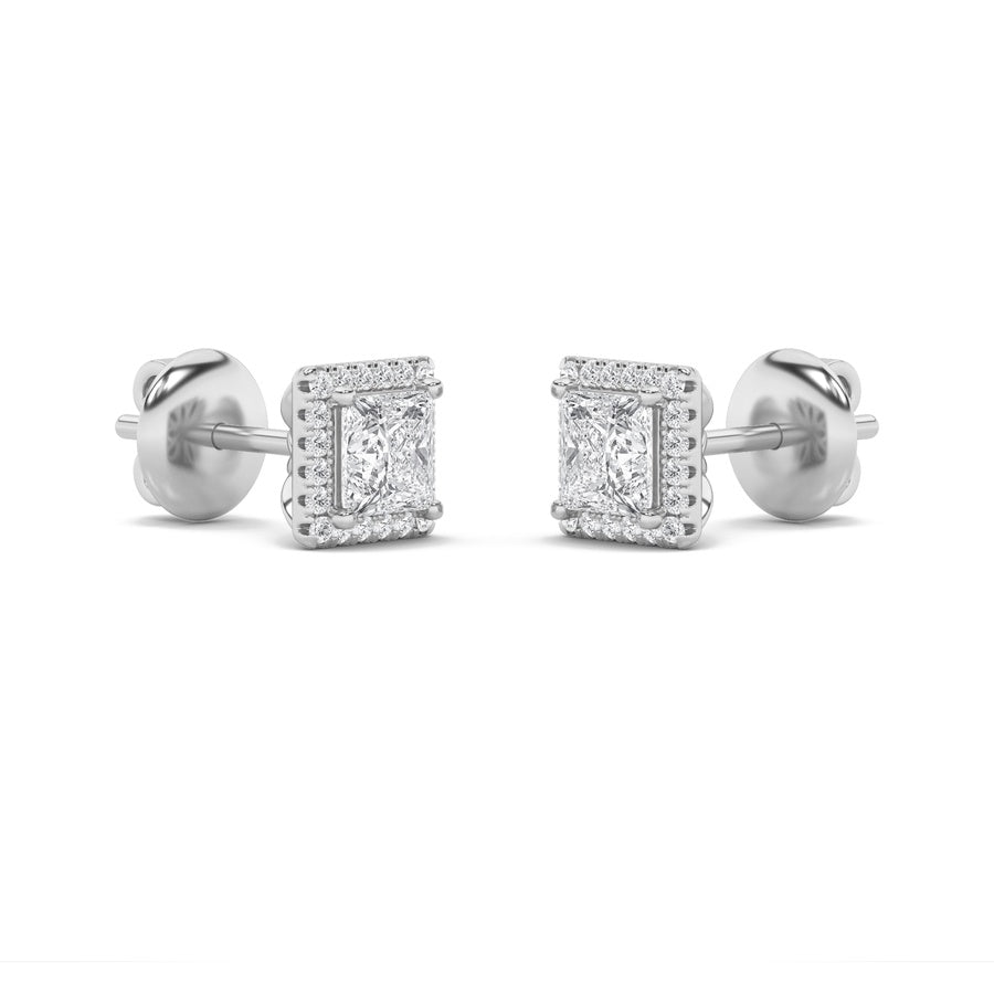 2Cttw Princess Shaped Lab Grown Diamond (F/VS) Halo Stud Earrings in 14K Gold
