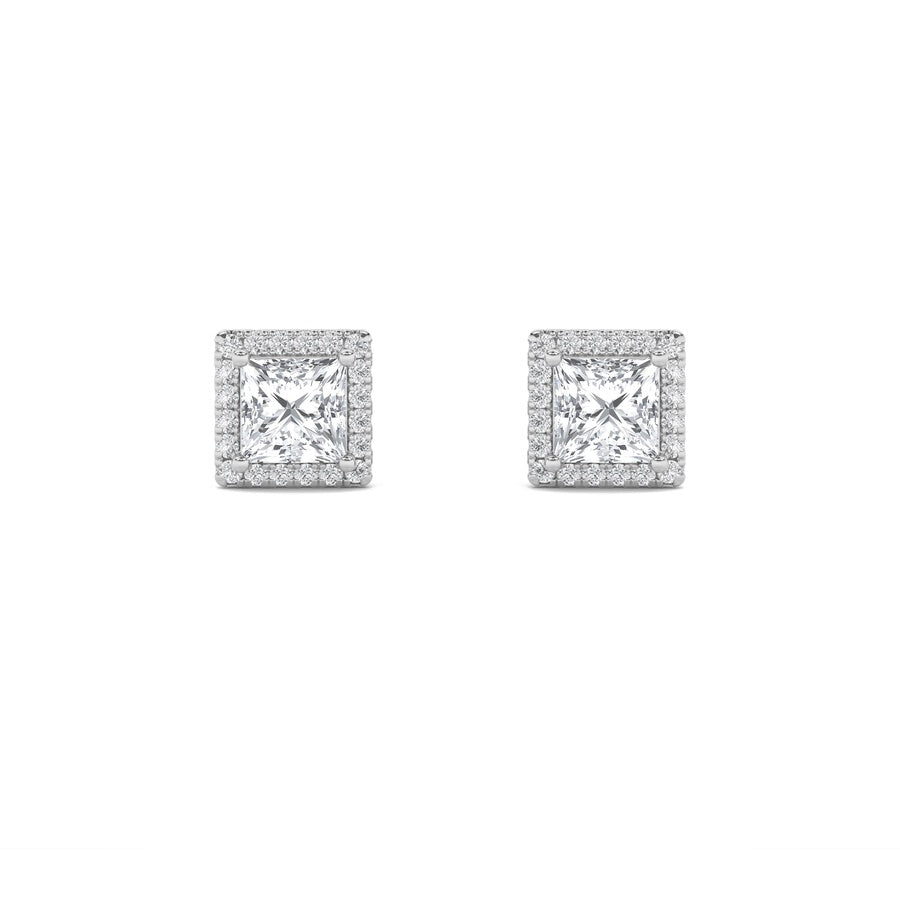 2Cttw Princess Shaped Lab Grown Diamond (F/VS) Halo Stud Earrings in 14K Gold